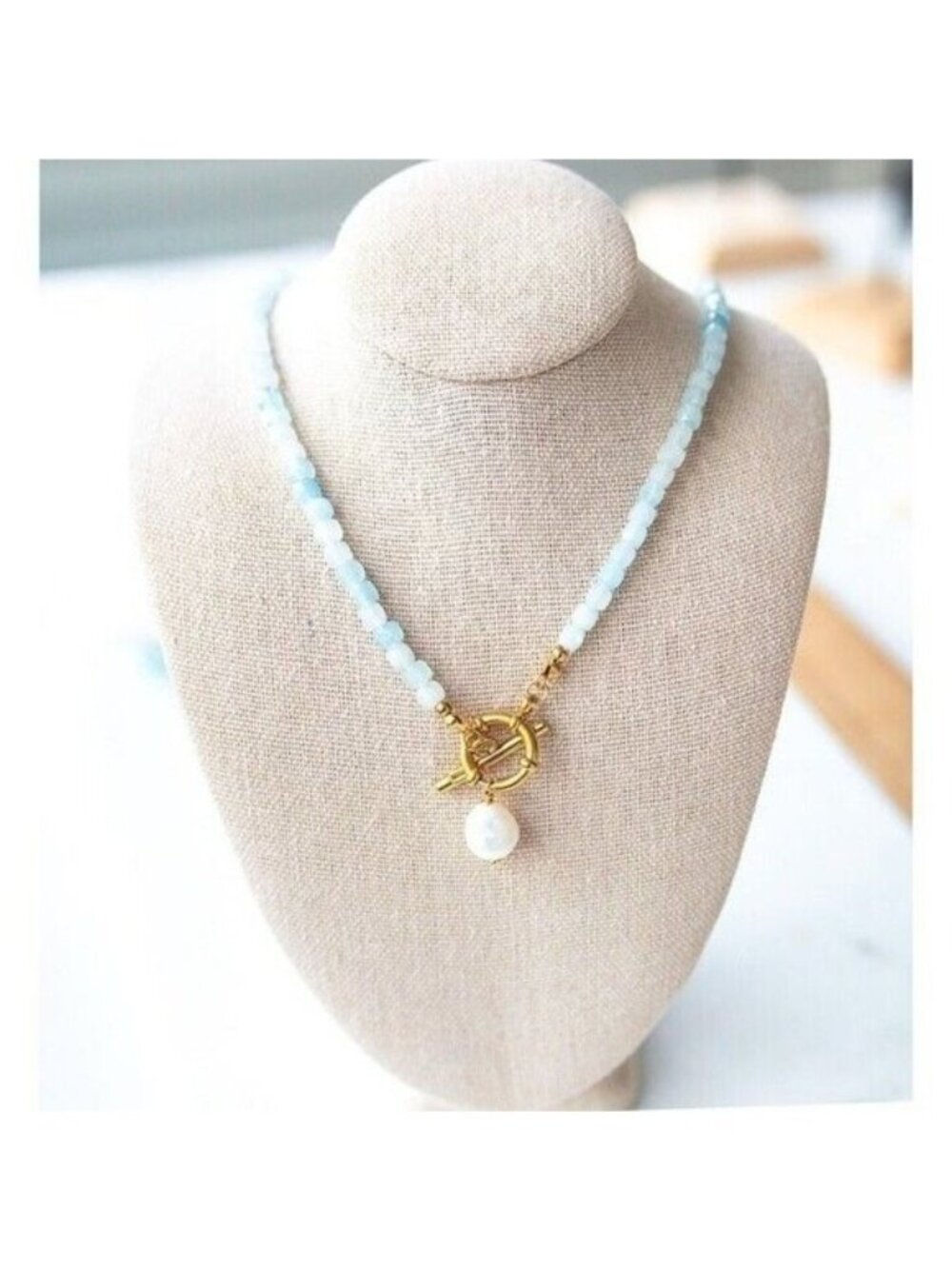GORGEOUS Aquamarine Beaded Necklace w/Gold Toggle Clasp & Pearl, Reversible - Picture 2 of 11